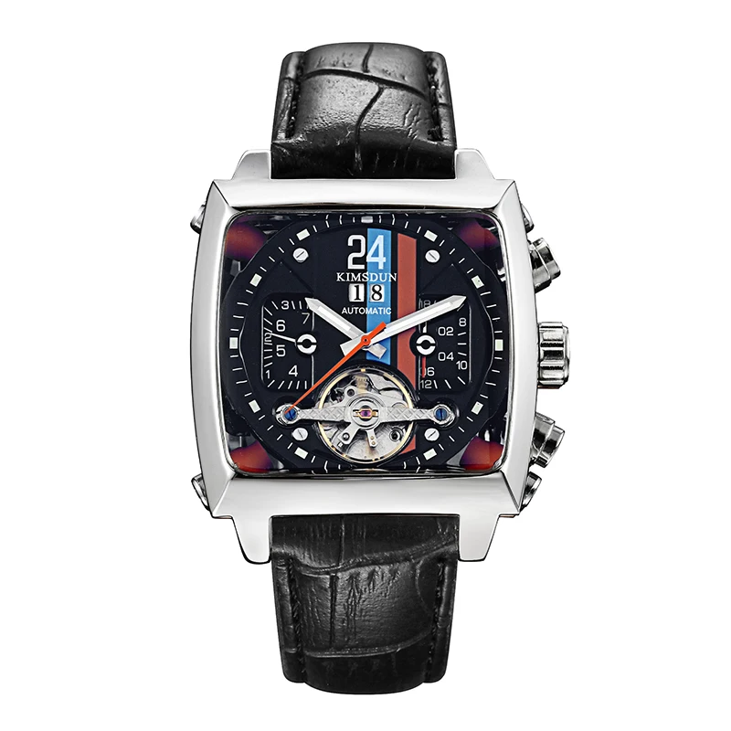 KIMSDUN Лидирующий бренд Мужские механические часы модные спортивные досуг бизнес тренд военные водонепроницаемые кожаные часы Tourbillon