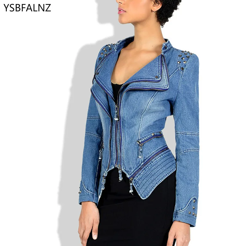 

2020 Women Short Denim Jackets Autumn Plus Size 6XL Jean Clothes Blue Coat Roupas Femeninas Slim Rivet Zipper Splice Biker Punk