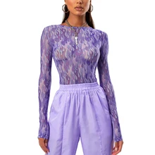 Сексуальная женская футболка, прозрачные сетчатые Топы с длинным рукавом, прозрачная тонкая женская фиолетовая футболка с вырезом лодочкой, женская футболка, Новинка