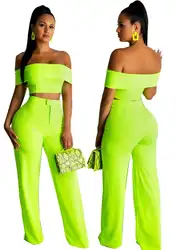 Для женщин лимонно-зеленый 2 шт./компл. модное платье с открытыми плечами Топ и широкие штаны комплект осенней одежды Повседневное уличная
