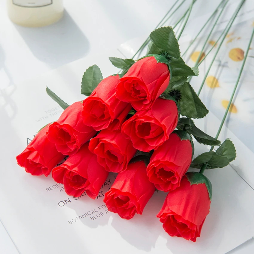 Red Roses Bouquet Vase for Home Decor Garden Wedding Decorative Wreaths Diy Handwork Flower Arrangement Artificial Flowers 10Pcs