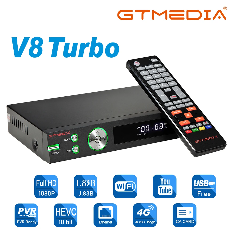 

GTMEDIA V8 Turbo Satellite Receiver DVB-S2/S2X/T2/Cable/J.83B Builtin WIFI H.265 support CA Card Slot Multi-room Upgrade V8 Pro2