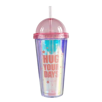 

1Pc Double-deck Straw Cup Water Bottle with Straw Plastic Water Glass Leak Proof Drinking Bottle (Transparent Powder)