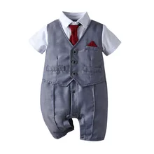 

Baby Clothes 2022 New Romper Gentleman Short Sleeves Fake two-piece Solid Color Vest Formal Party Set Baby First Bithday Clothes