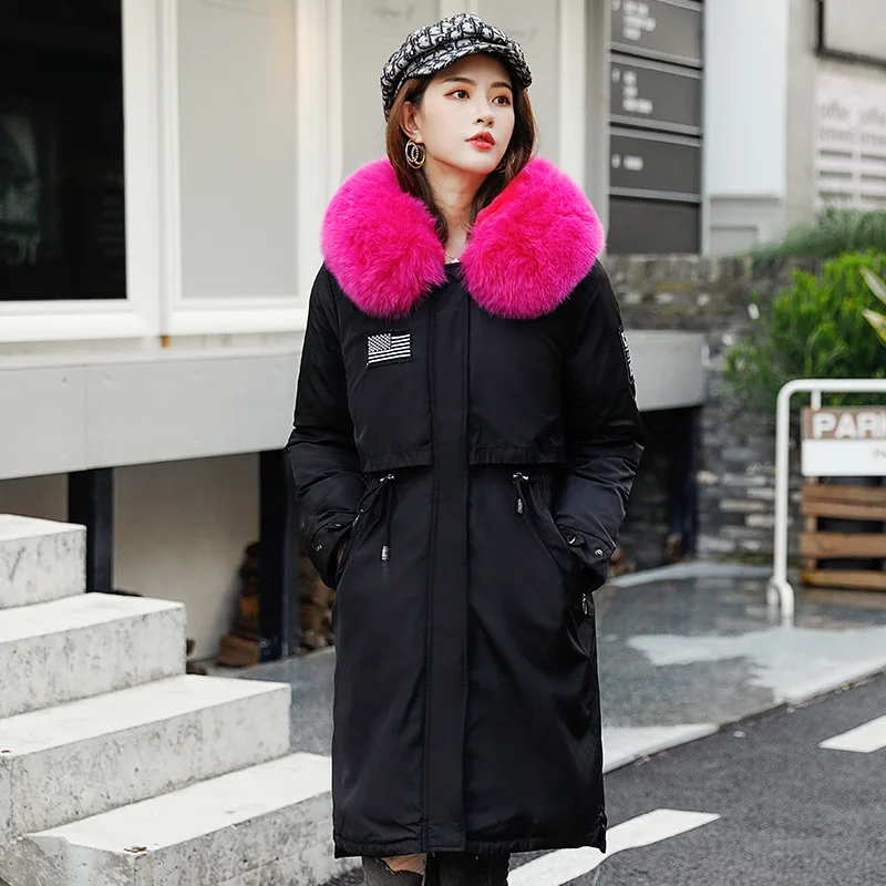 Модная дизайнерская женская зимняя куртка с хлопковой подкладкой, теплая утолщенная длинная куртка с большим меховым воротником, женские куртки - Цвет: Black Rose Fur