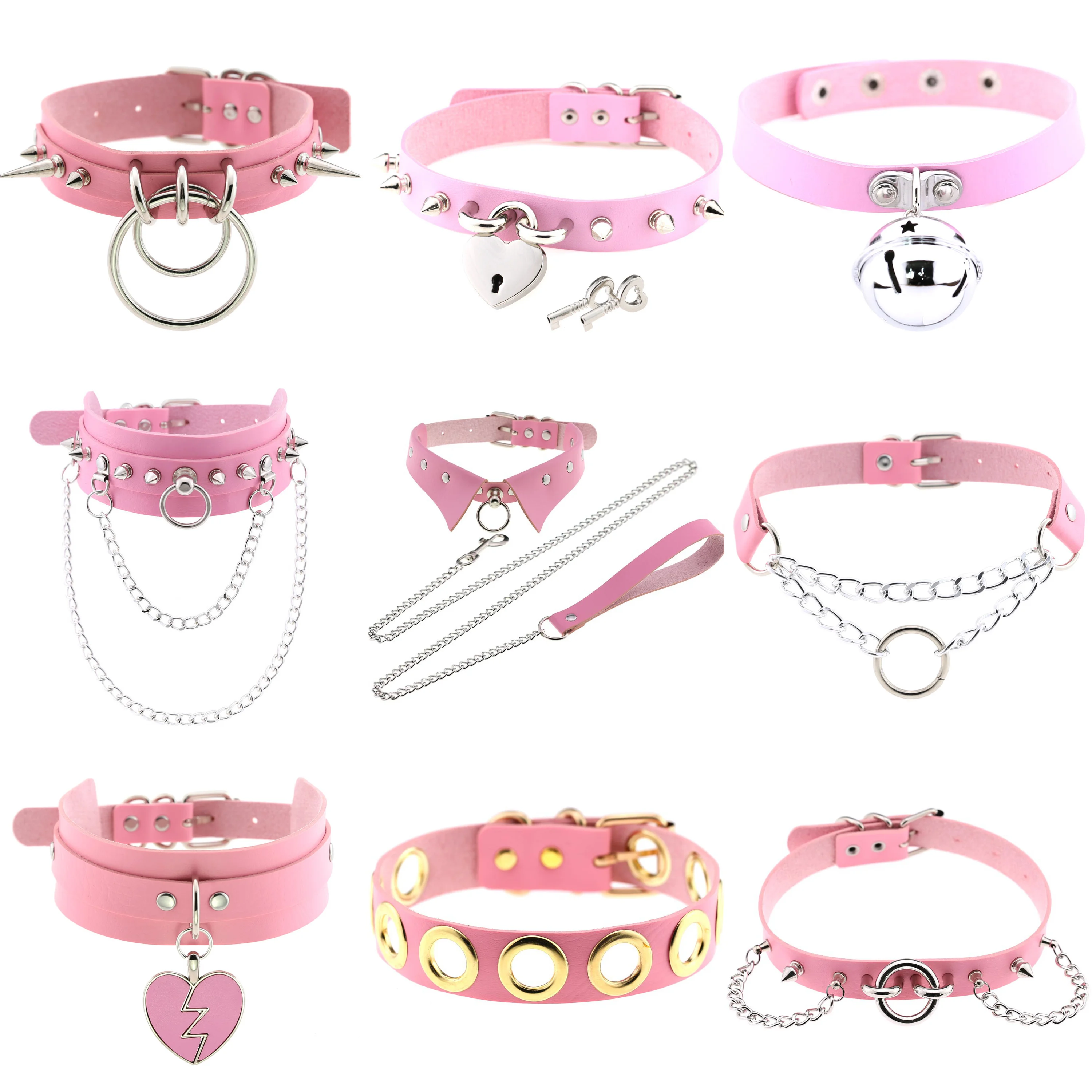 2021 Punk Pink color PU Leather choker necklaces Spike Rivet Collar Studded sexy collar Body gothic Party chains Cosplay Jewelry | Украшения