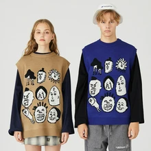 MERRY PRETTY Женский трикотажный жилет без рукавов Круглый вырез мультфильм вышивка свитера парные зимние теплые женские джемперы пуловеры