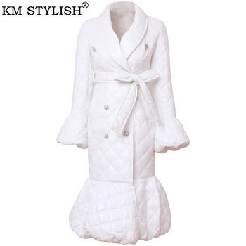 

2019 Fall Winter Women's Thick Quilted Cotton Clothings Lapel Dress White & Black Flare Long Sleeve Diamond Puff One-piece Dress