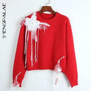 

SHENGPALAE Autumn 2020 New Women's Sweater Long Sleeve Tassel Hand Hook Flower Round Neck Red Color Knitted Pullover Fashion