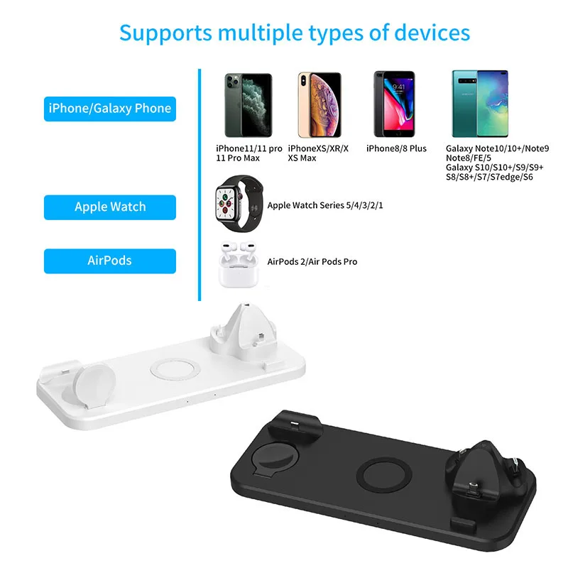 10W Qi Wireless Charger Station 6 in 1 pad Iphone Airpods Micro USB Type C Stand phone Chargers For Apple Watch airpods Charging
