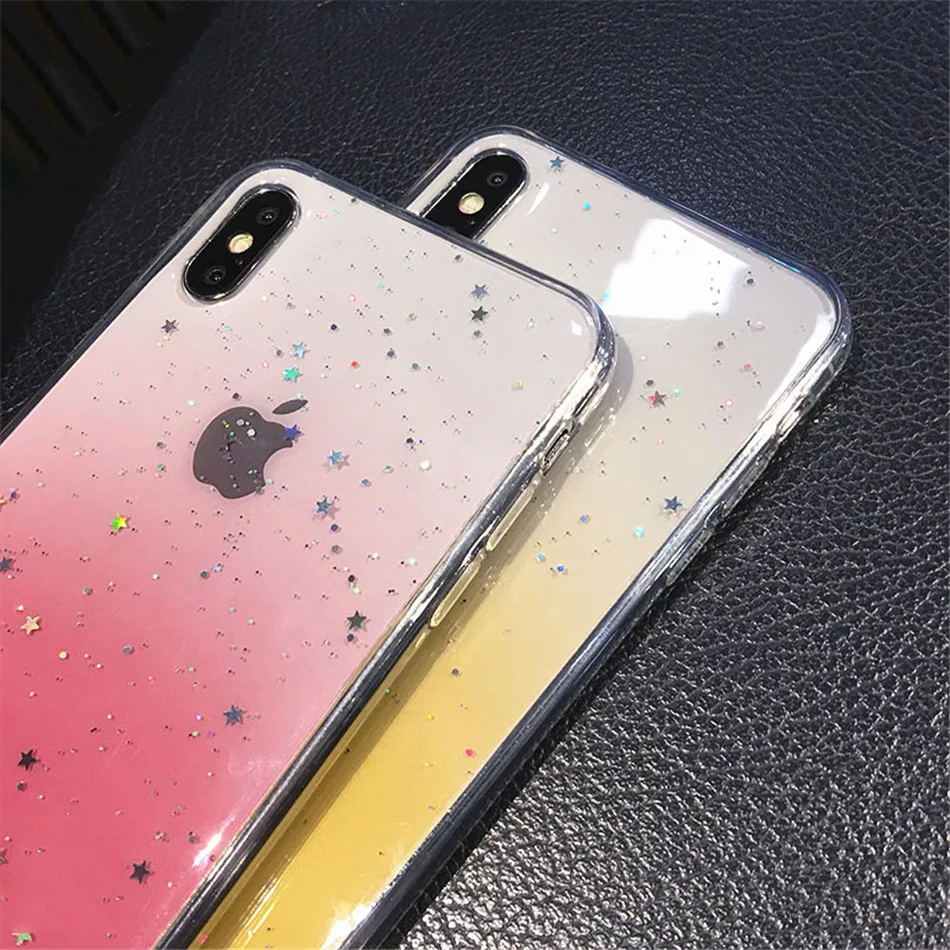 USLION Bling Powder Silicone Phone Case For iPhone 11 Pro X XR XS Max Glitter Stars Transparent Cover For iPhone 7 8 6 6s Plus