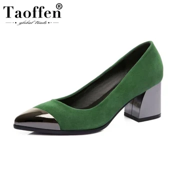 

Taoffen Real Leather Women Pumps Pointed Toe Sexy Party Wedding Shoes Woman Chunky Heel Shallow Elegant Pumps Size 33-42