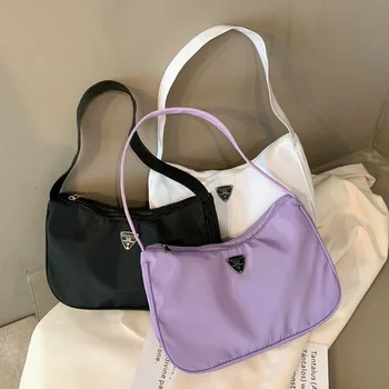 

Fashion Women Handbag Nylon Simple Shoulder Shopping Bag Solid Pure Color Smooth Zipper Ladies Handbag Tote Bag Women Bag