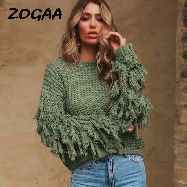 

ZOGAA Knitted Winter Pullovers Sweaters Women Autumn Loose Tassels Sweater Jumper Female Solid Khaki Chic Sweater Korean Tops