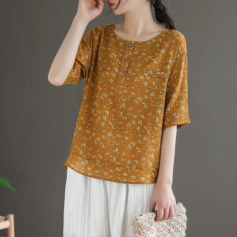 Johnature Summer Leisure Fashion Retro Floral Print O-neck All-match Shirt 2020 New Simple Comfortable Short Sleeve Women Tops |