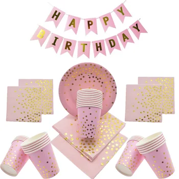 

Happy Birthday Party Decoration Pink Foil Disposable Tableware Paper Plates Straws Birthday Party Decorations Girls