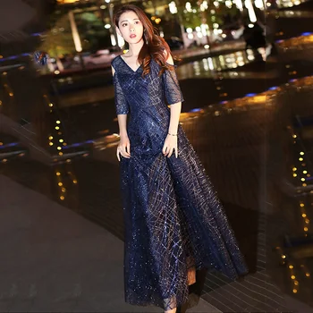 

A Line Evening Dresses Navy Blue Shiny Formal Gown V-Neck Lace Up Robe De Soiree Floor Length Elegant Women Party Dress K196