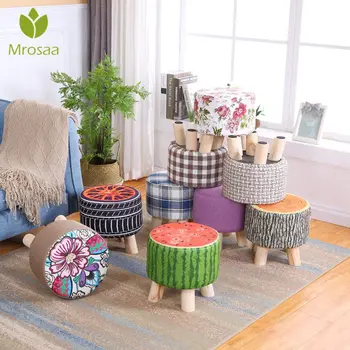 

Fashion Home Sofa Upholstered Footstool Nordic Round Stool Wooden Leg Chair Pattern Round Fabric 4 Legs Kids Stool Bench
