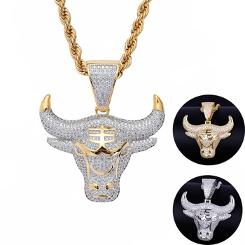 

2020 Fashion Full Rhinestone Cow Head Pendant Necklace Bling Ice Out Stainless Steel Gold Necklace Men's Sweater Chain Jewelry