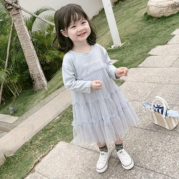 

Kids Girl Long Sleeve Baby Dress Autumn Casual Letter Print Kids Dress Mesh Party Princess Dress Child Clothes 1-7Years Vestidos