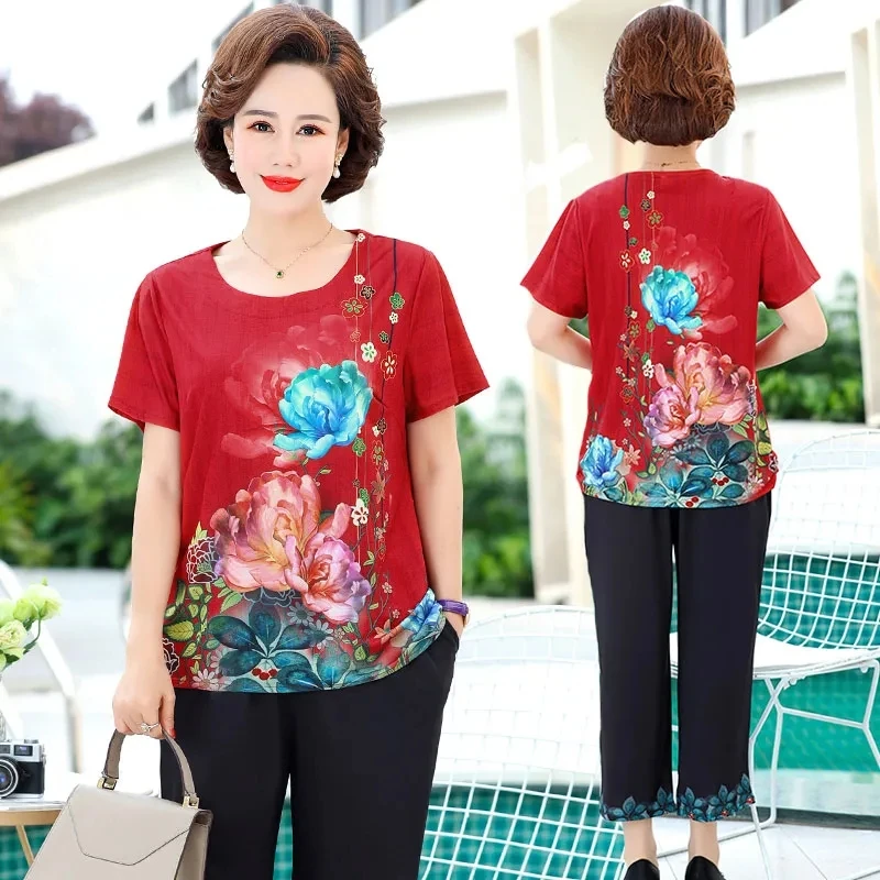 

Летний комплект из двух предметов для женщин среднего возраста Футболка с коротким рукавом и брюки костюмы Одежда для мам свободные комплекты спортивной одежды большого размера