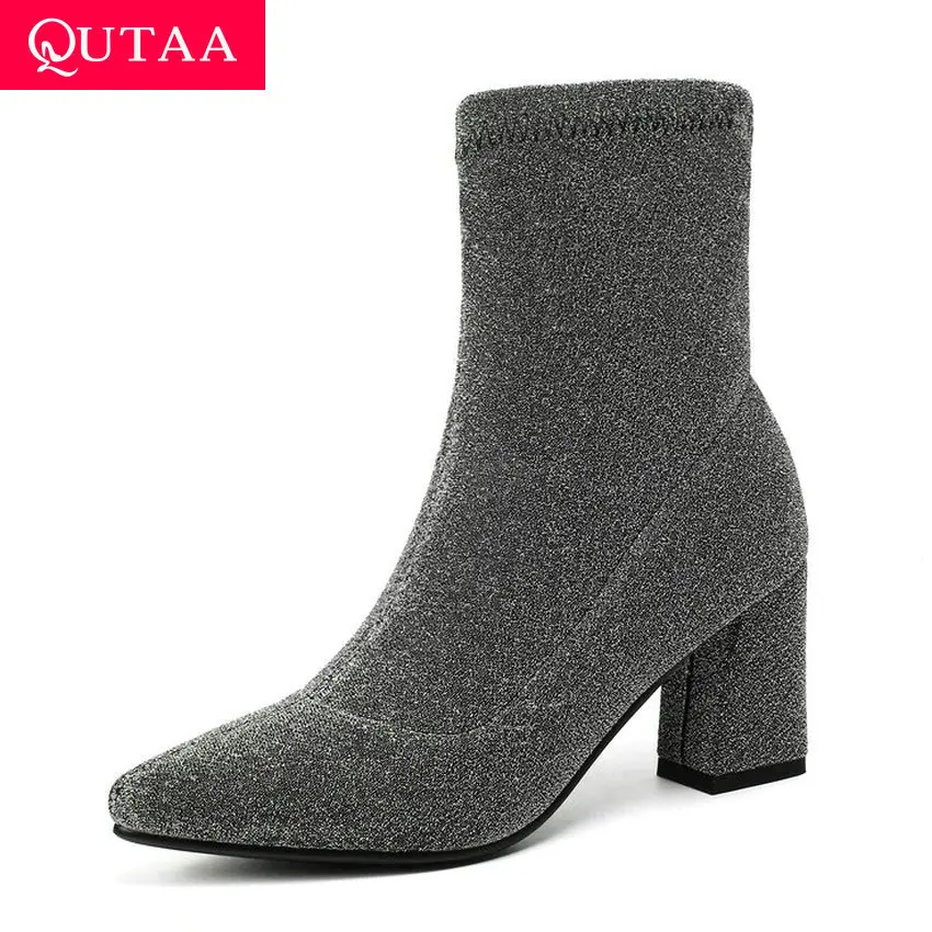 

QUTAA 2020 Stretch Flock Slip on Women Boots Thick High Heel Casual Ankle Boots Fashion Pointed Toe Women Shoes Big Size 34-43