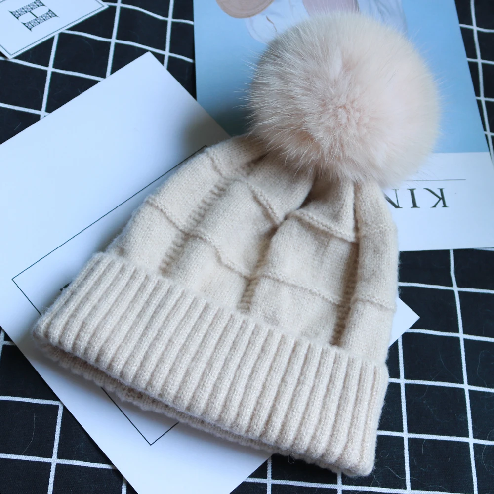 Зимняя винтажная вязаная женская шапка Skullies, однотонная женская бини, шапки с настоящим помпон из лисьего меха Gorro; теплый лыжный головной убор для девочек, новинка года