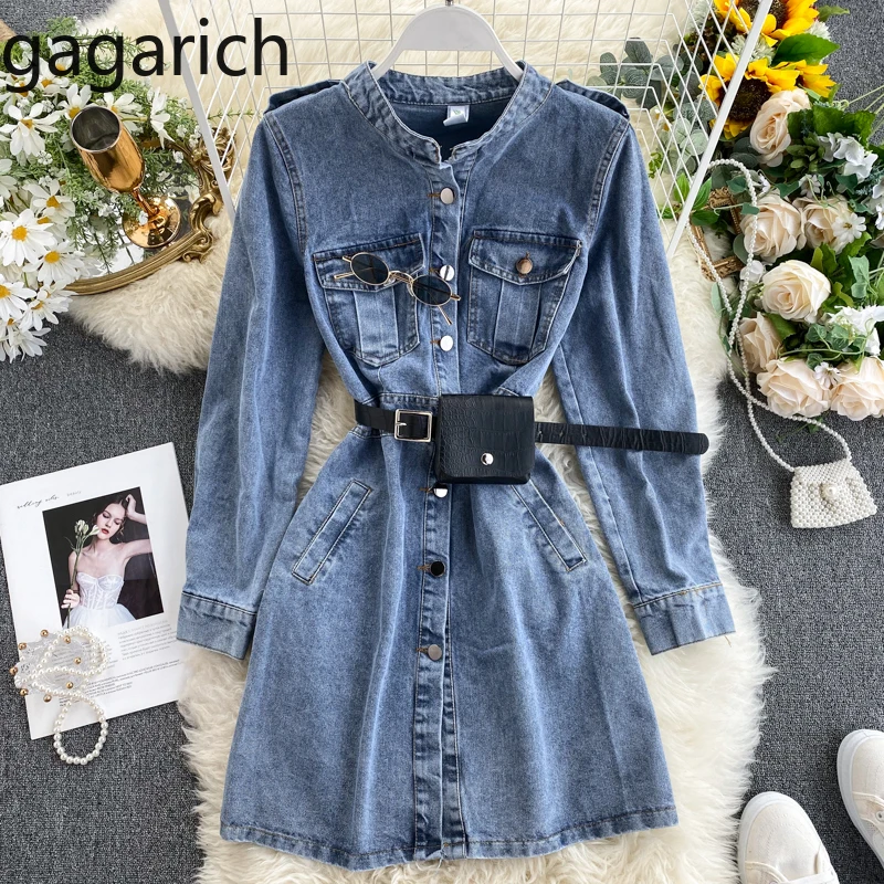 

Gagarich Women Chic Denim Dress Spring Vintage Stand Collar Long Sleeve Button Cool Vestidos Ladies Elegant Slim Waist Dresses