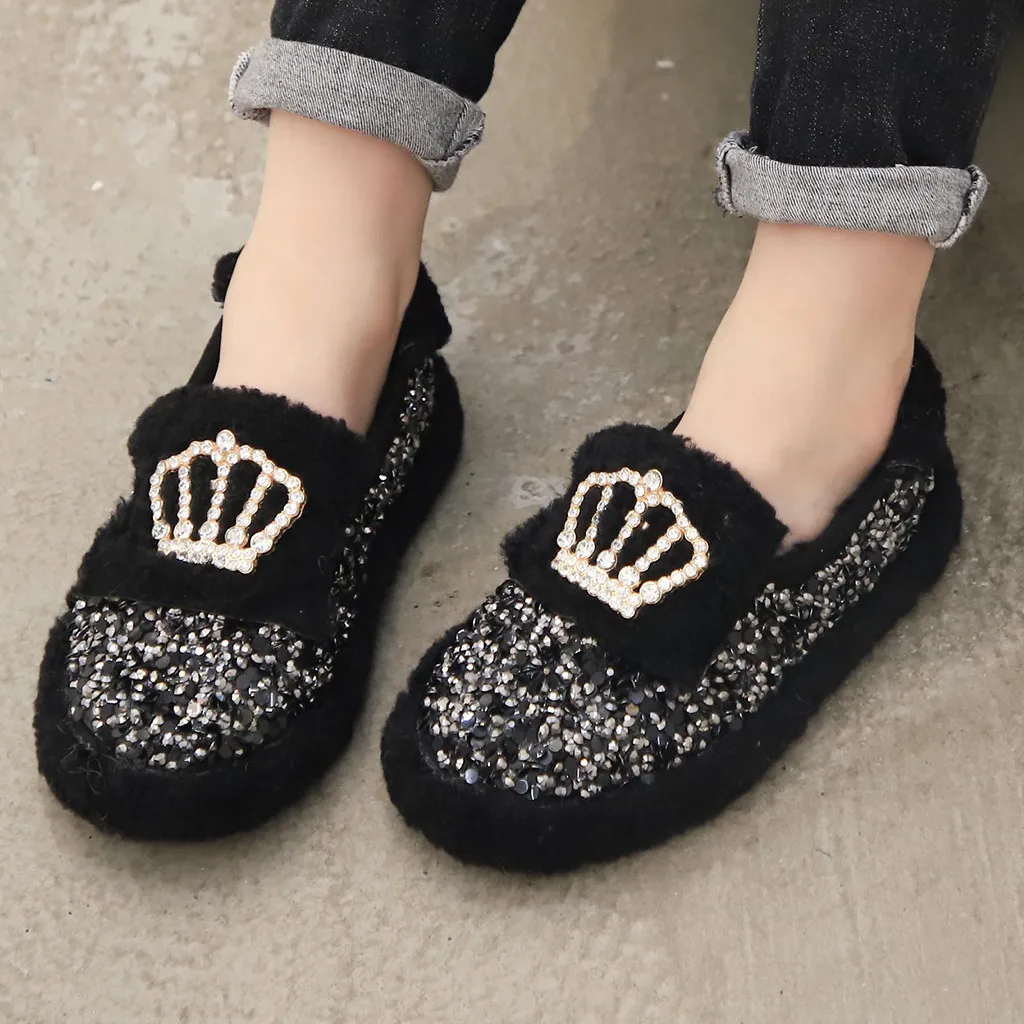 Зимняя обувь принцессы для маленьких девочек; детская модная обувь с хрустальной короной; меховая плюшевая обувь; детская милая мягкая обувь на плоской подошве; детская обувь для вечеринок