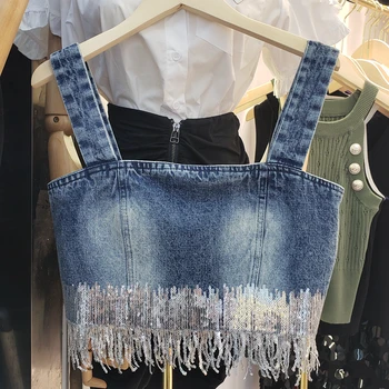 

Denim Tank Top for Women Spring Summer European and American New Women's Tassels Stitching Strap Denim Shirt Girls Lady's Top