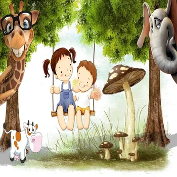 

Custom large mural 3D wallpaper Cartoon animal cute giraffe elephant swing bedroom mural TV back wall decor deep 5D embossed