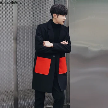 

AreMoMuWha NewKorean Version of Color Matching Color Autumn and Winter Men's Woolen Coat Woolen Coat Men's Long Section QX1355