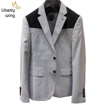 

Euro Brand Mens Plaid Business Caual Suit Set Blending Slim Fit Groom Dress Suits Ankle Length Pants Office Work Man Outfit Wear