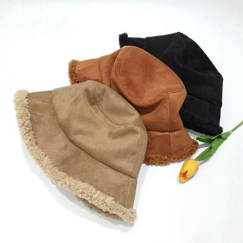 Зимняя шапка из овечьей шерсти и замши для женщин и девочек, Толстая теплая однотонная модная Панама из искусственного меха, шапка в рыбацком стиле для путешествий, Harajuku