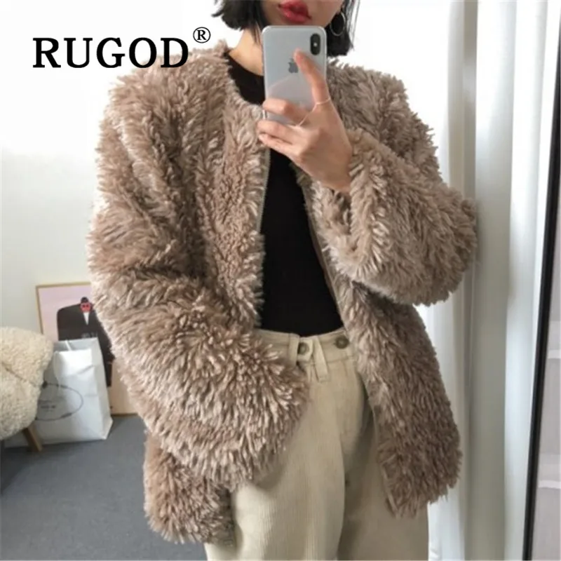 RUGOD женские меховые пальто в стиле Харадзюку с круглым вырезом на молнии, свободная мягкая однотонная верхняя одежда, модные женские теплые куртки, милое шикарное пальто