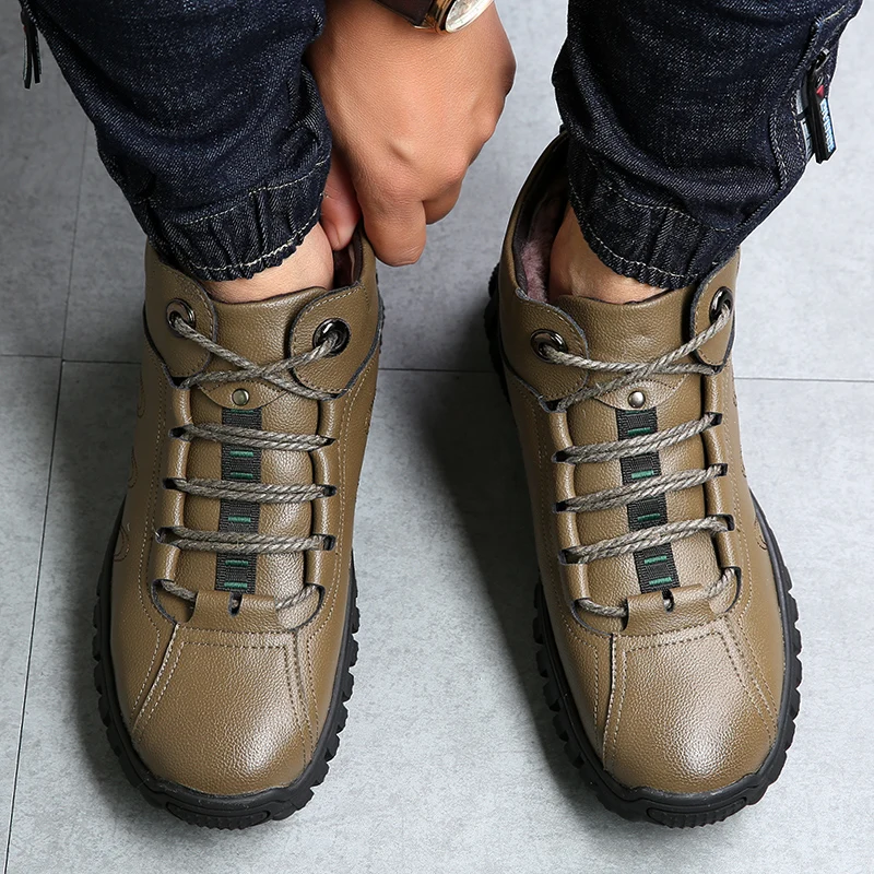 Мужские кожаные ботинки ручной работы на нескользящей подошве; зимняя бархатная повседневная обувь с высоким берцем; зимние ботинки на овечьем меху с круглым носком