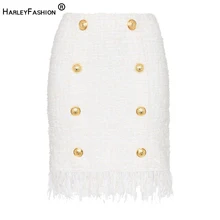 HarleyFashion Женские Элегантные Осенние Зимние дизайнерские белые прямые юбки твидовая юбка с кисточками высокое качество