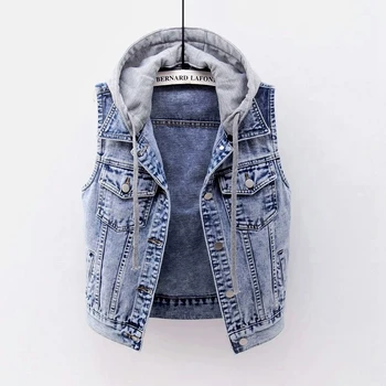 

Summer Fashion Plus size 5XL Removable Hooded Denim Vest Women Waistcoat Sleeveless Jacket Coat Casual Short Jeans Vests Female