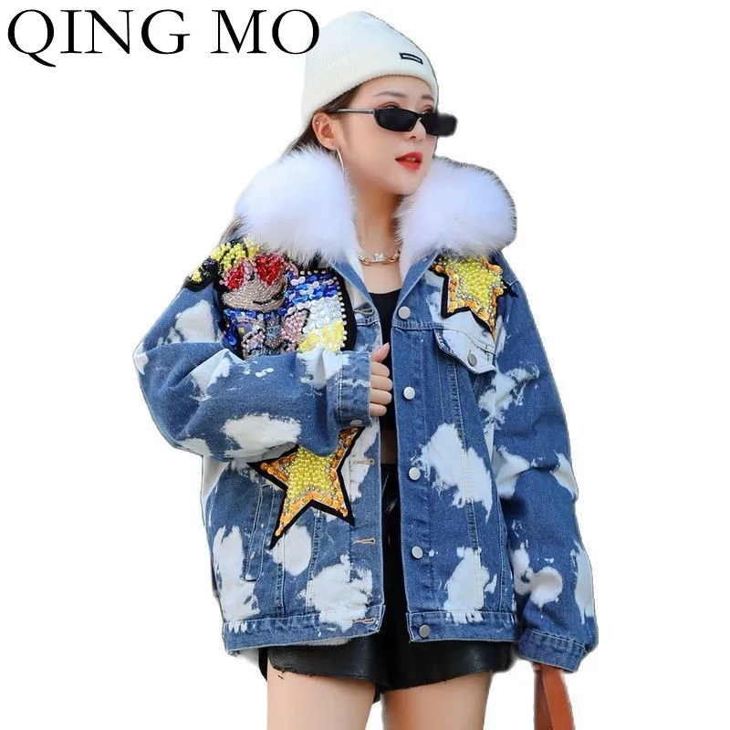 QING MO Fashion Tie Dye Cartoon Sequin Stitching Denim Coat Women 2021 Winter Plus Velvet Thick Fur Collar ZWL1337 |
