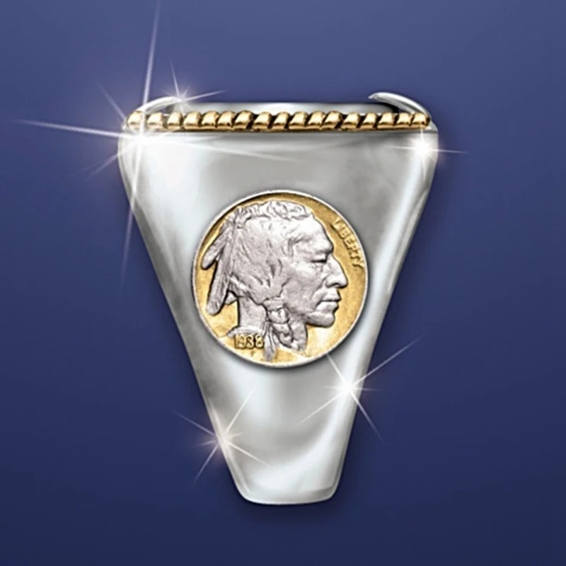 Men's Gold and Silver Ring Stainless Steel Viking American Cowboy Faro Buffalo Locomotive Triangle Nordic Jewelry