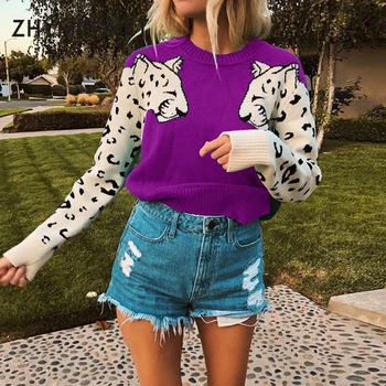 

ZHYMIHRET White Leopard Print Patchwork Sleeve Knitted Sweater Women Casual O Neck Pullover 2019 Autumn Winter Jumper 8 Colors