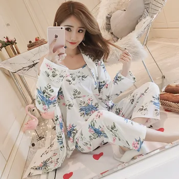 

2020 New Style Qmilch Long Sleeve Pajamas Women's Comfortable Flower Nightgown Tracksuit Three-piece Set