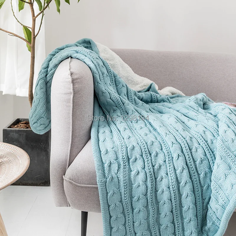 Blue Плотное вязаное шерстяное одеяло плед с искусственной меховой подкладкой для дивана-кровати дивана теплое зимнее покрывало s - Цвет: Blue