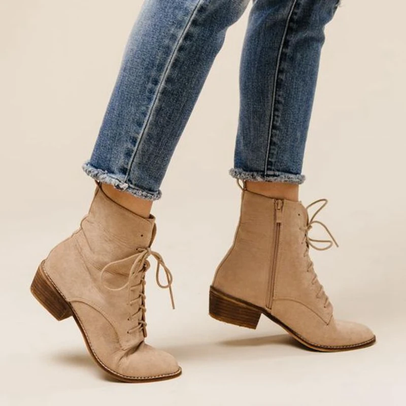 

EOEODOIT Autumn New Arrival Boot Retro Fashion Martin Boots Flock Lace Up Pointed Toe Med Chunky Heels Plus Size Female Shoes