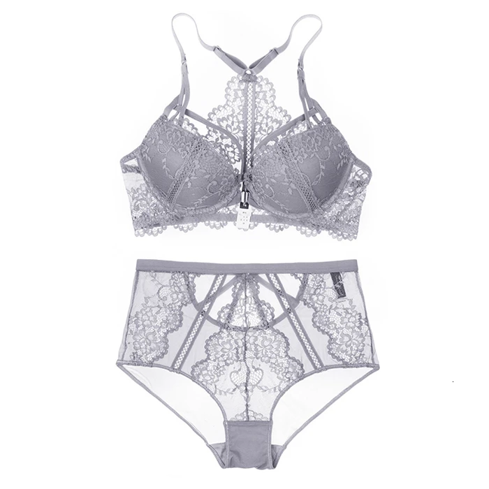 Floral Lace Front Closure Backless Push Up Bra Set Medium Padded Sexy Lace Mesh High-waist Panties Underwear Women Lingerie