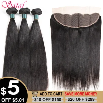 

Satai Straight Hair 3 Bundles With Frontal 100% Brazilian Human Hair Bundles With Closure Natural Color Non Remy Hair Extension