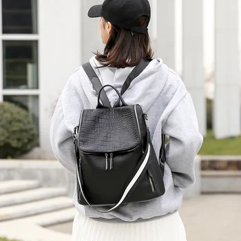

2020 new female backpack fashion stitching crocodile pattern multifunctional bag youth student bag black