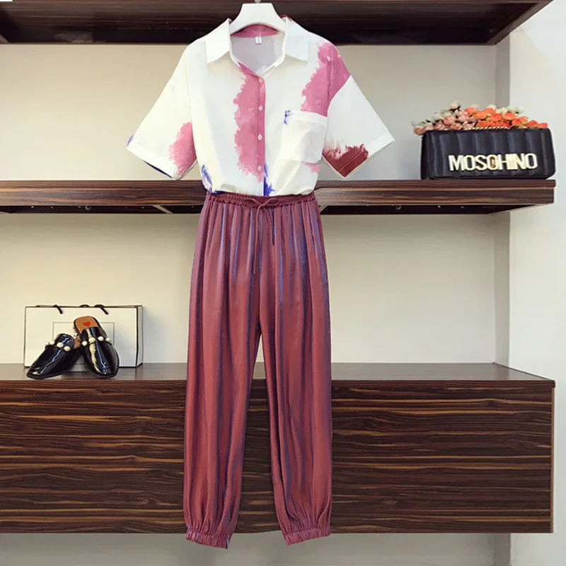 Novedad de verano de tinte de corbata de las mujeres ropa 2021 Chándal estampado establece Casual botón Camisa + Pantalones de deporte señora traje de dos piezas ropa de salón grande