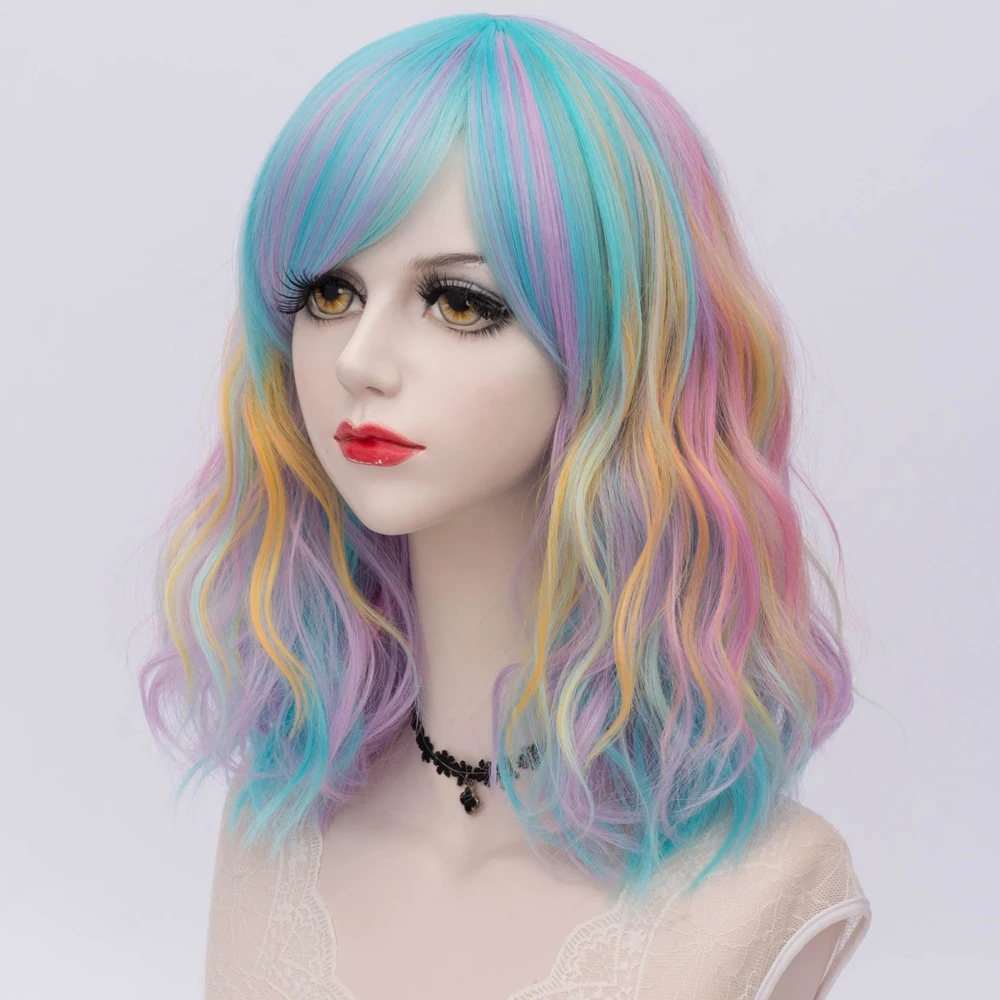 Косплей микс 35 см многоцветный Лолита косплей пушистый кудрявый Хэллоуин Радужный Омбре синтетический парик+ Кепка
