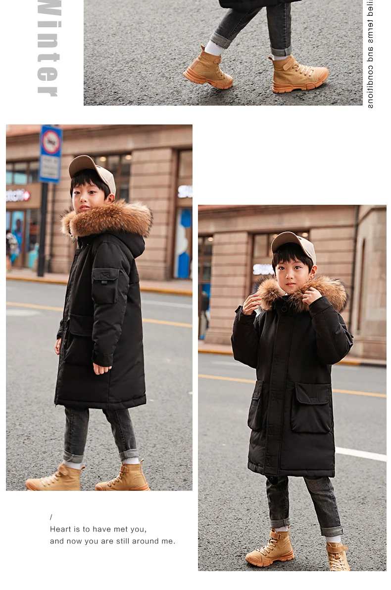 Детский пуховик, плотная теплая Модная Длинная модель, детские парки на утином пуху, пальто, верхняя одежда с мехом для мальчиков и подростков, на холодную зиму-30 градусов